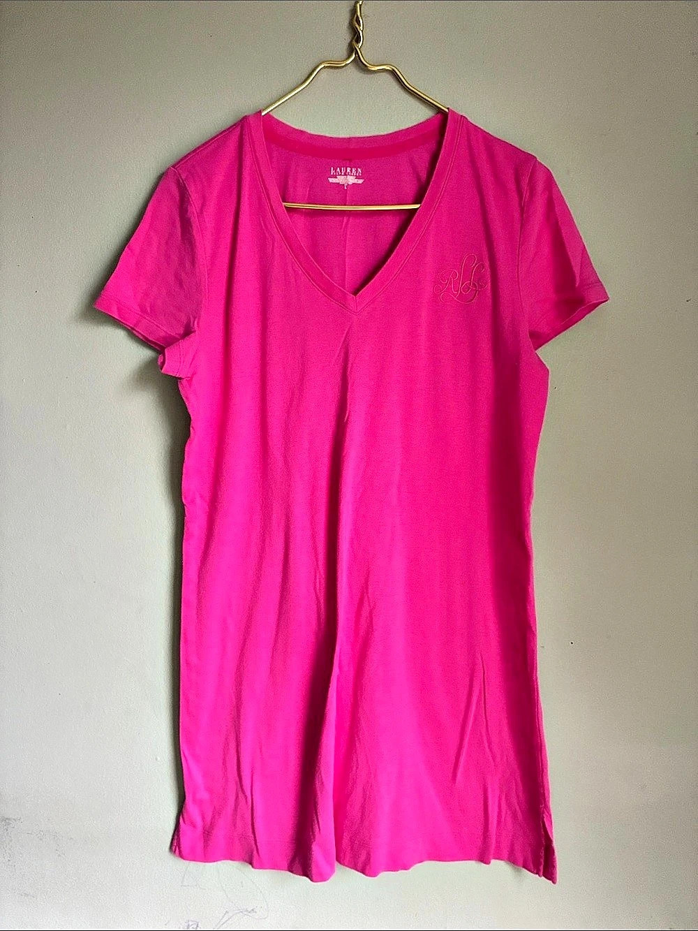 Lauren Ralph Lauren Cotton Jersey V-Neck Tee Pink V-Neck Midi Dress Size Large
